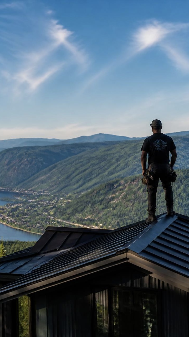 A PNT crew member walking the ridge of a standing-seam metal roof against the Kootenay mountains at sunset