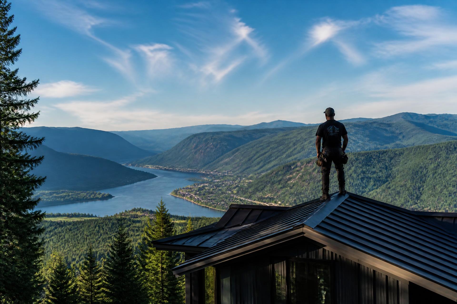 A PNT crew member walking the ridge of a standing-seam metal roof against the Kootenay mountains at sunset