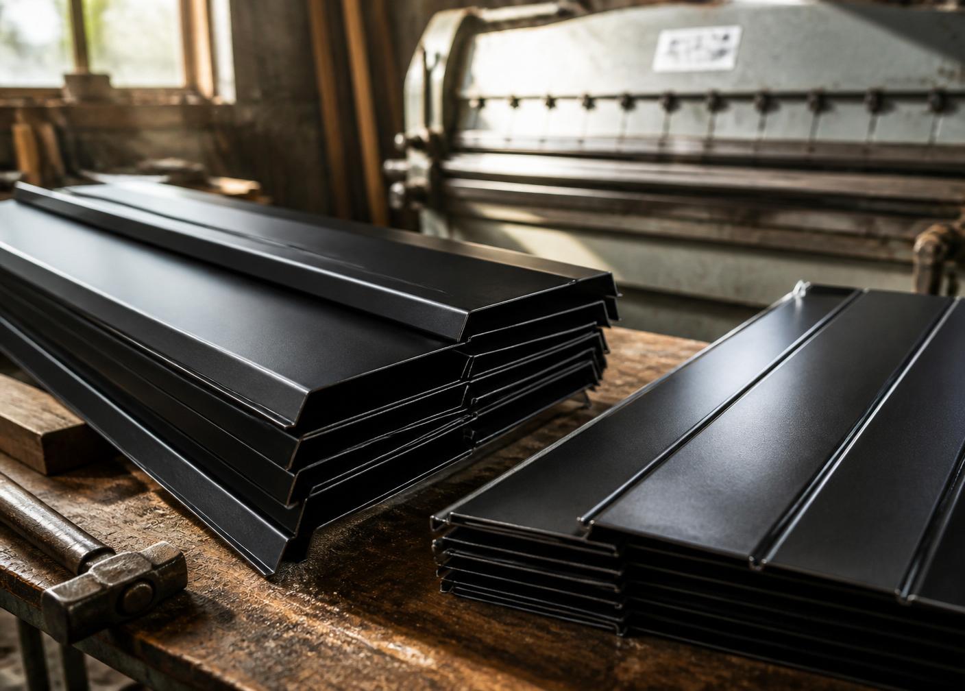 Freshly bent black metal flashings stacked in the PNT sheet metal shop